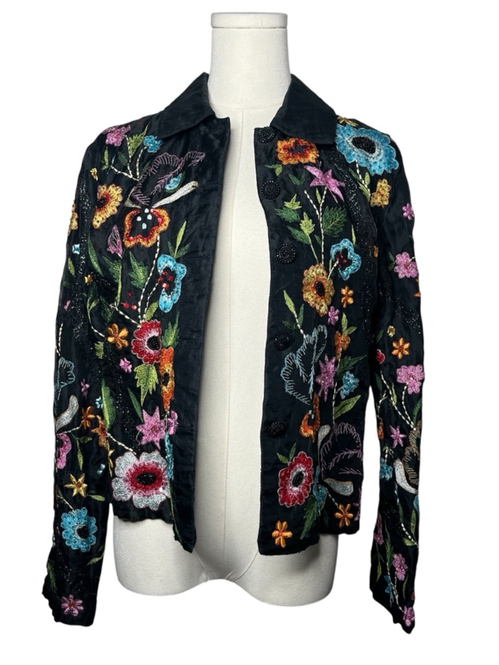 Vintage Black Silk Fully Beaded Floral Embroidered Button Down Shirt Artsy Boho